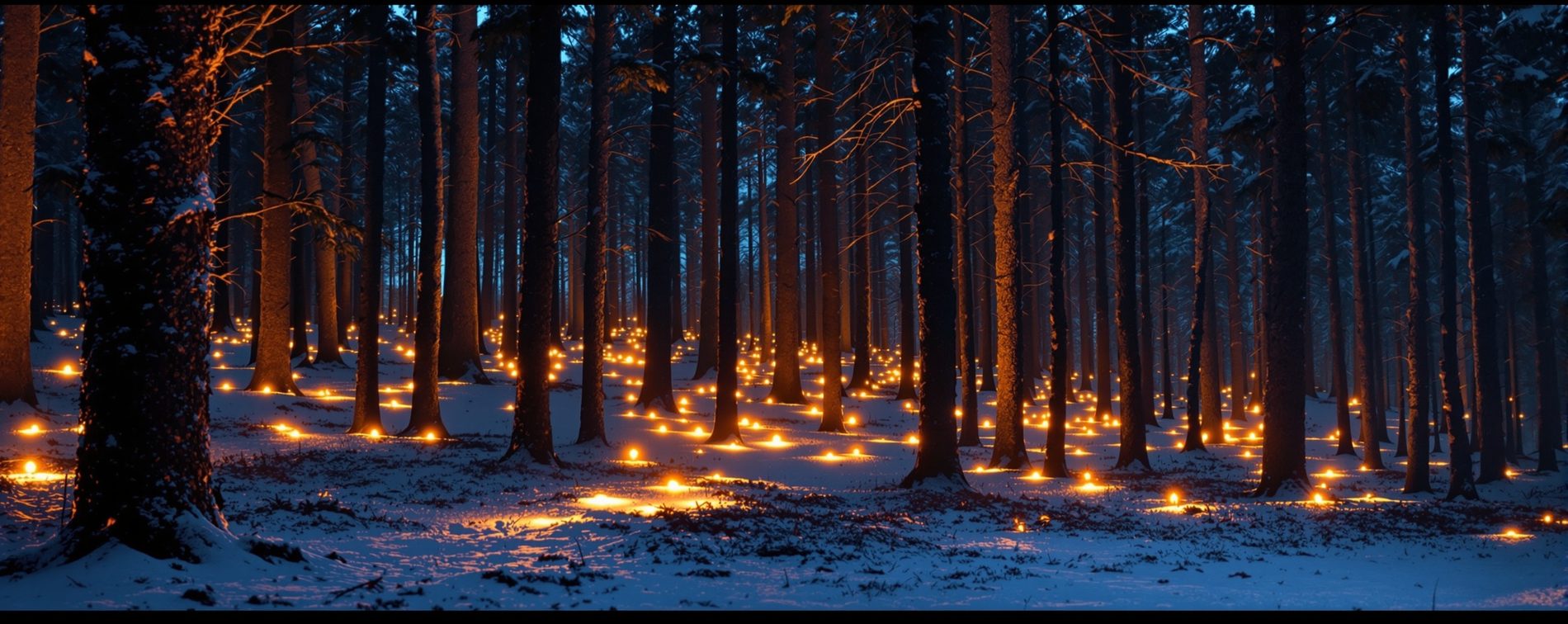 Winterwald bei Nacht, im Schnee zwischen den Stämmen leuchten viele kleine warme Lichter
