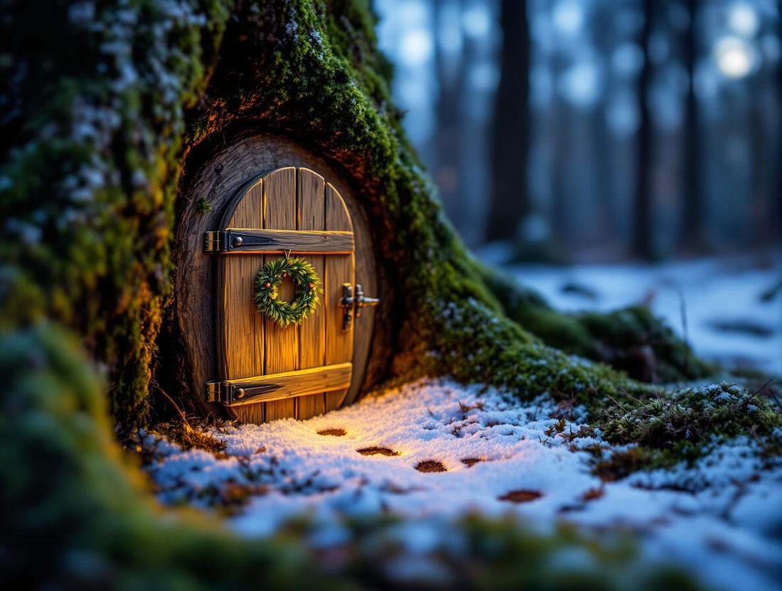 Kleine beleuchtete Holztür in einer bemoosten Baumwurzel, davor Fußspuren im Schnee