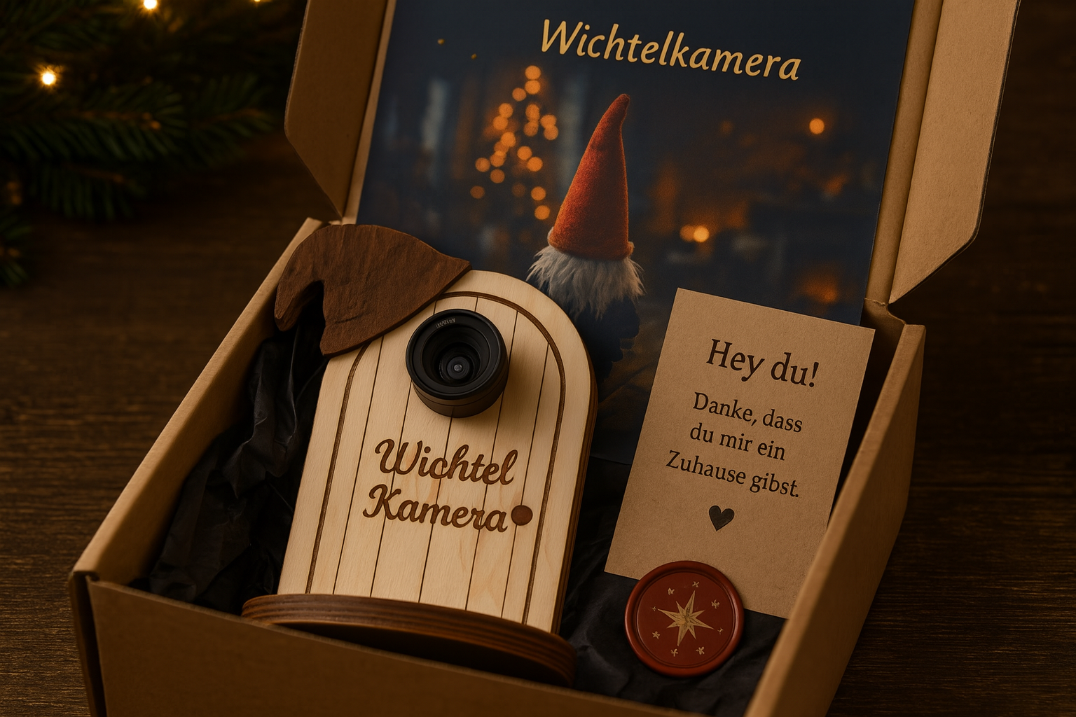 Das geöffnete Starterset: die hölzerne Wichtelkamera im schwarzen Seidenpapier, daneben Fritzis Postkarte und das Wachssiegel mit goldenem Stern.