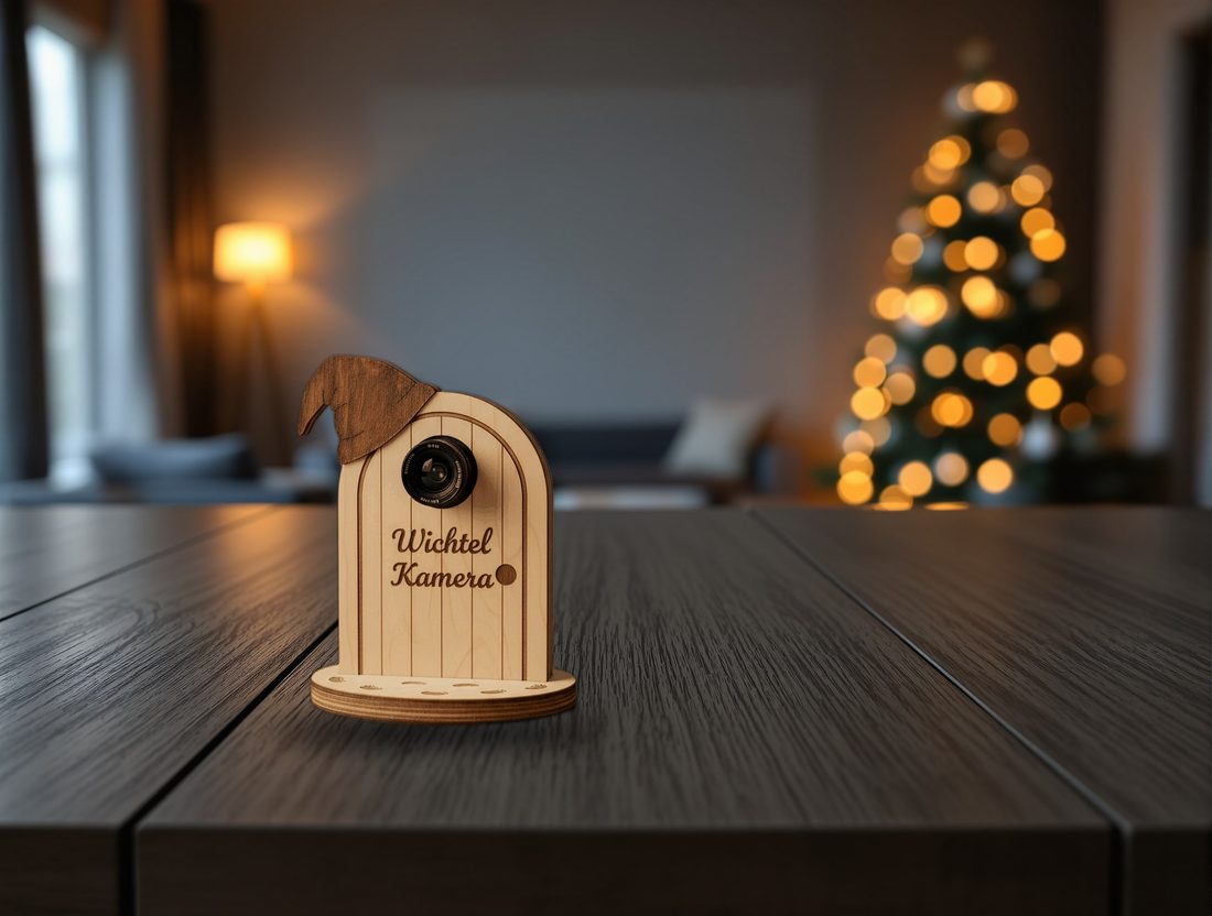 Die Wichtelkamera steht auf einem dunklen Schrank, dahinter unscharf ein Weihnachtsbaum.